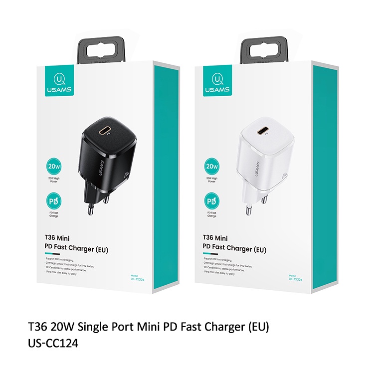 Sạc nhanh bộ sạc USAMS T36 Charger Cable Kit Mini PD Fast Charger + Type-C to Lightning Data Cable 20W Quick Charger