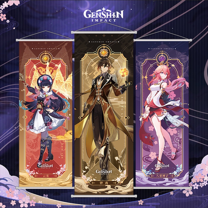 Tranh Vải Cuốn Treo Tường Họa Tiết Hoạt Hình Genshin Impact Zhongli Yun Jin Raiden Shogun Yae Miko Kamisato