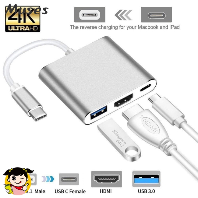 Thiết bị chuyển đổi USB loại C Hub HDMI 4K USB-C có cổng USB 3.0 và cổng sạc 3.1