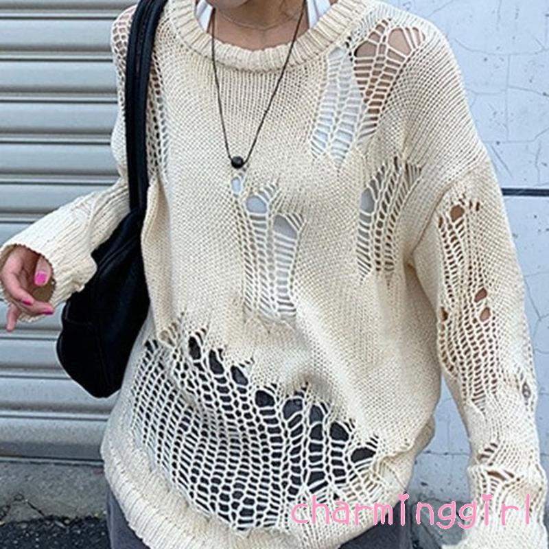 Áo Sweater Dệt Kim Tay Dài Cổ Tròn Màu Trơn Thiết Kế Độc Đáo Thời Trang Cho Nữ
