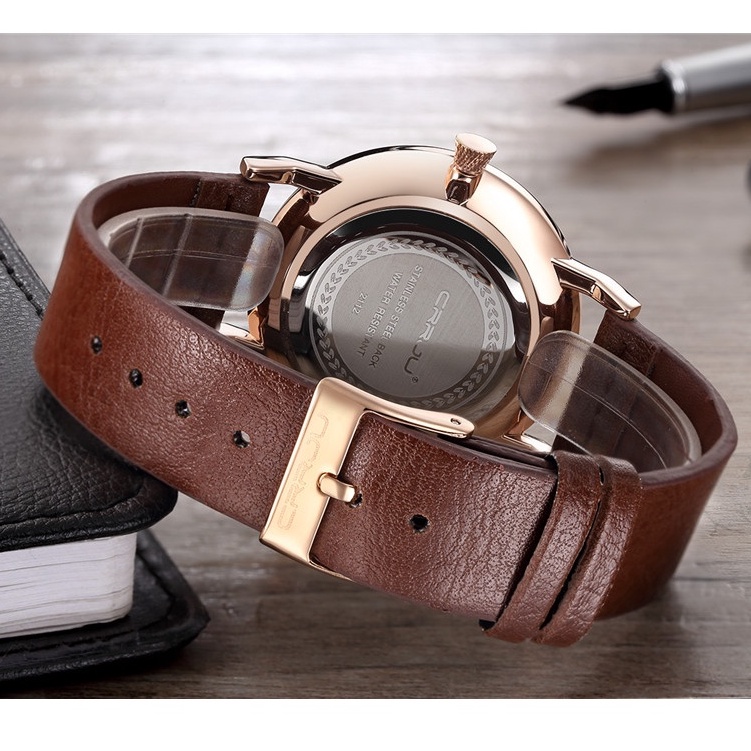 Đồng hồ thạch anh CRRJU 2112 thời dây da đơn giản chống thấm nước cho nam