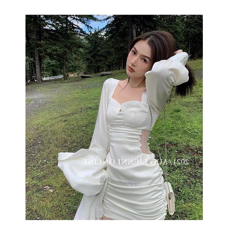 Jane Đầm dự tiệc ôm nhún sóng eo voan ren tay dài phong cách châu Âu quyến rũ