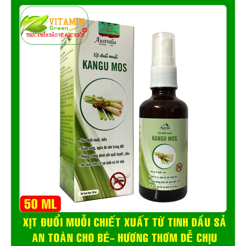 XỊT ĐUỔI MUỖI VÀ CÔN TRÙNG KANGU MOS CHIẾT XUẤT TỪ TINH DẦU SẢ, TINH DẦU THIÊN NHIÊN (50ml)