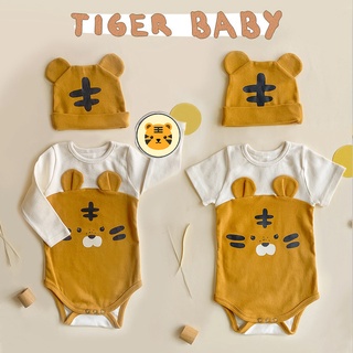 Áo liền quần BCBL tay cộc vải cotton hữu cơ hình hổ vàng có mũ cho em bé