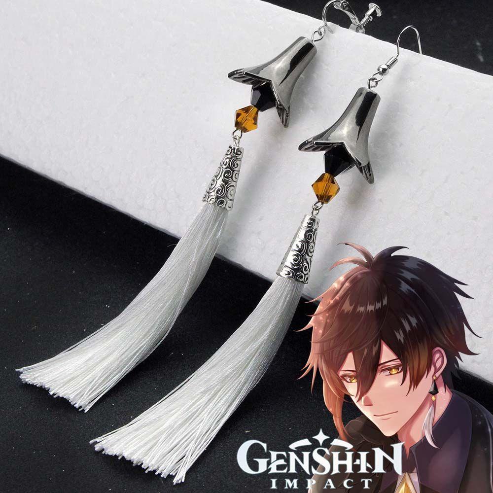 Qqmall Khuyên Kẹp Tai Tua Rua Dài Mặt Hình Anime Genshin Va Chạm Hóa Trang Zhongli