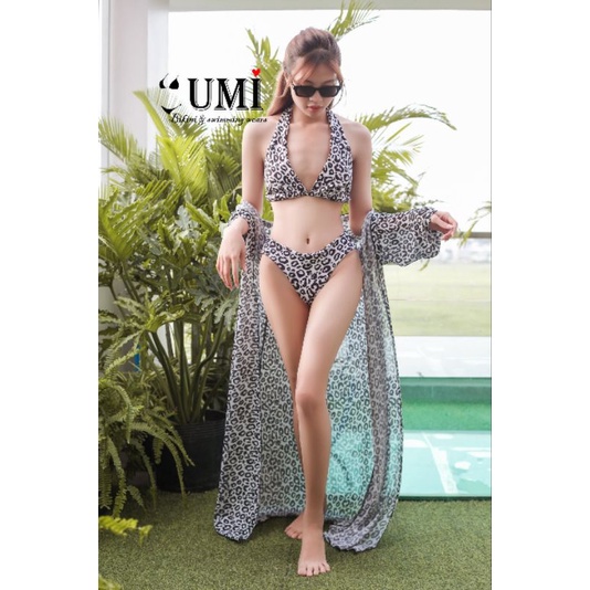 Bikini bộ bơi đồ đi biển nữ set 3 món họa tiết beo trắng đen EVA S3MBT