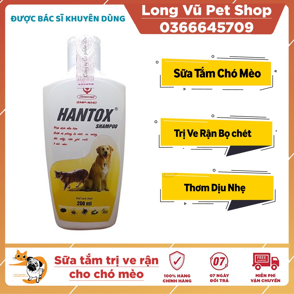 Sữa Tắm Trị Ve Rận Bọ Chét Cho Chó Mèo Hantox Shampoo Vàng 200ml - Long Vũ Pet Shop