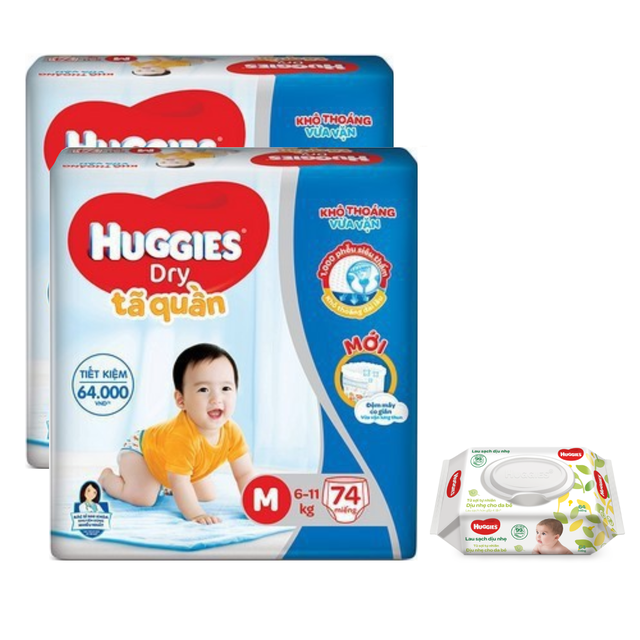 [Chỉ giao miền Nam] [Tặng khăn ướt 64 tờ] Combo 2 Tã quần Huggies Pants Super Jumbo M74/L68/XL62/XXL56