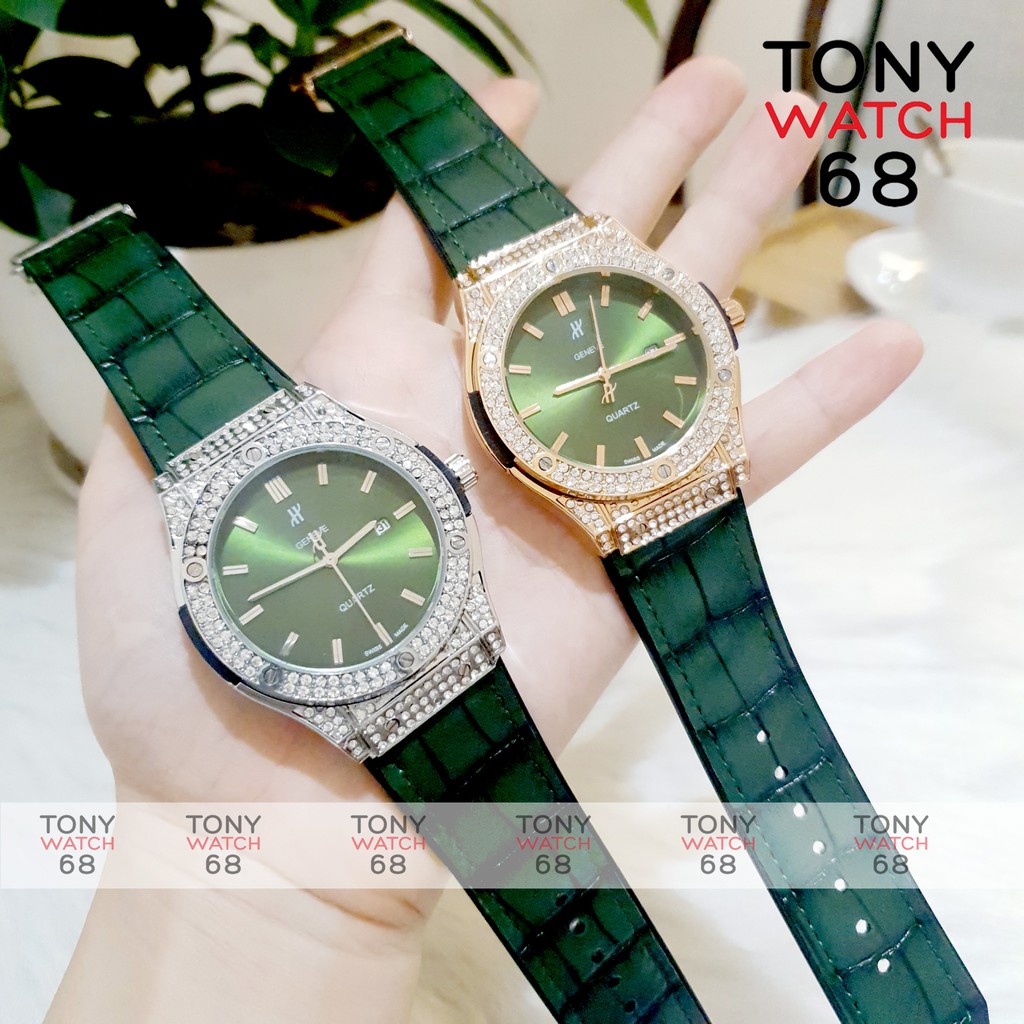 Đồng hồ nam Geneva dây cao su bọc da đính đá khóa thông minh chống nước | BigBuy360 - bigbuy360.vn