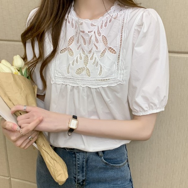 Áo sơ mi nữ trắng tay dài thêu hoa cổ ngực bản to babydoll, Áo sơ mi nữ cộc tay bồng thêu hoa ngực cổ khuy lưng