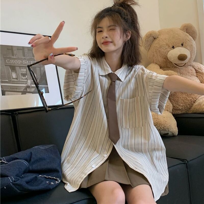 Bộ Áo Sơ Mi POLO Ngắn Tay Kẻ Sọc + Chân Váy Xếp Ly Đáng Yêu Cho Nữ