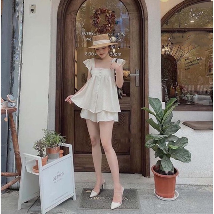 Set Bộ Xốp Áo Cổ Vuông Tay Xếp Ly Cánh Tiên Đính Cúc Dọc Kèm Quần Short Cạp Chun Thoáng Mát