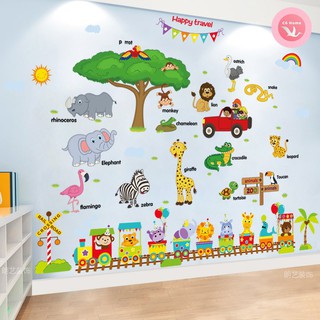 Combo 2 tấm tranh con vật ngộ nghĩnh tranh dán tường cho bé trai bé gái tranh decal động vật tiếng anh tranh trang trí