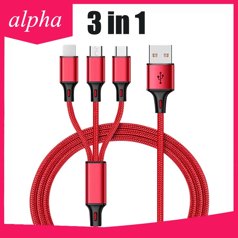 Cáp sạc 3 trong 1 Cáp sạc chia cổng + type-C + Micro USB dây nylon bện bằng hợp kim nhôm