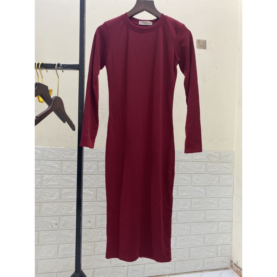 Xả - Váy tăm body dài tay màu đỏ đô