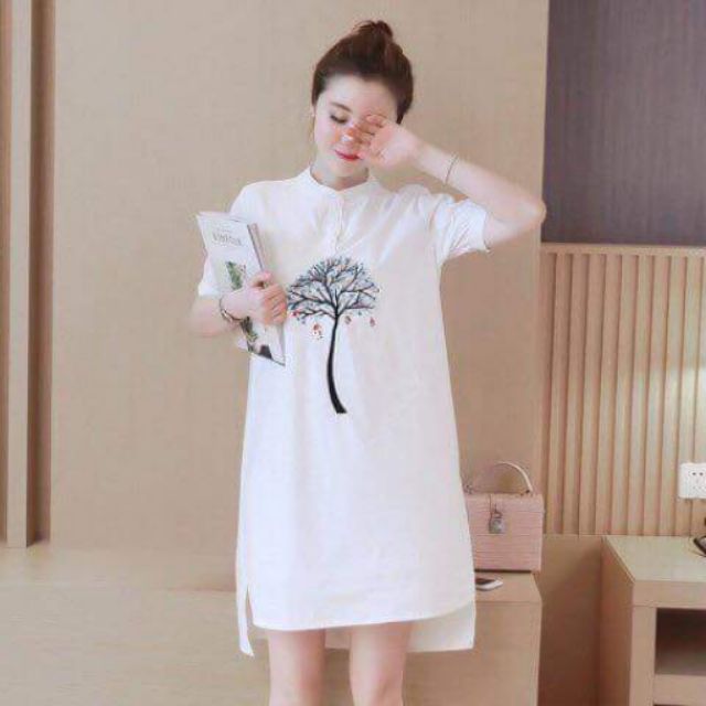 Đầm sơ mi in cây