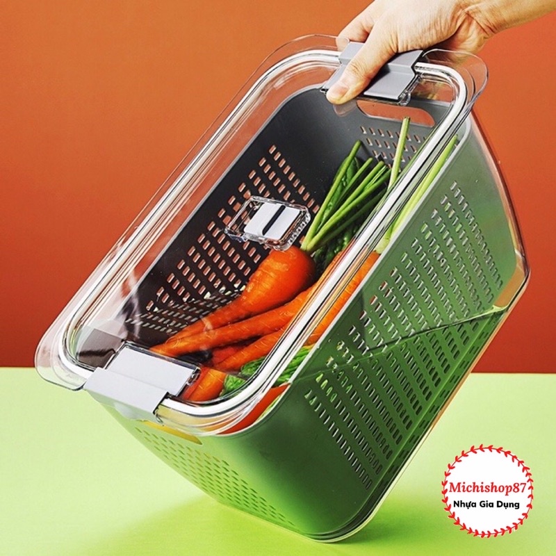 Hộp Đựng Thực Phẩm 2 Lớp TO Cao Cấp Nhựa Việt Nhật, Hộp Bảo Quản Rau Củ Để Tủ Lạnh Quả Kèm Rổ Có Lỗ Thoát Nước Tiện Lợi