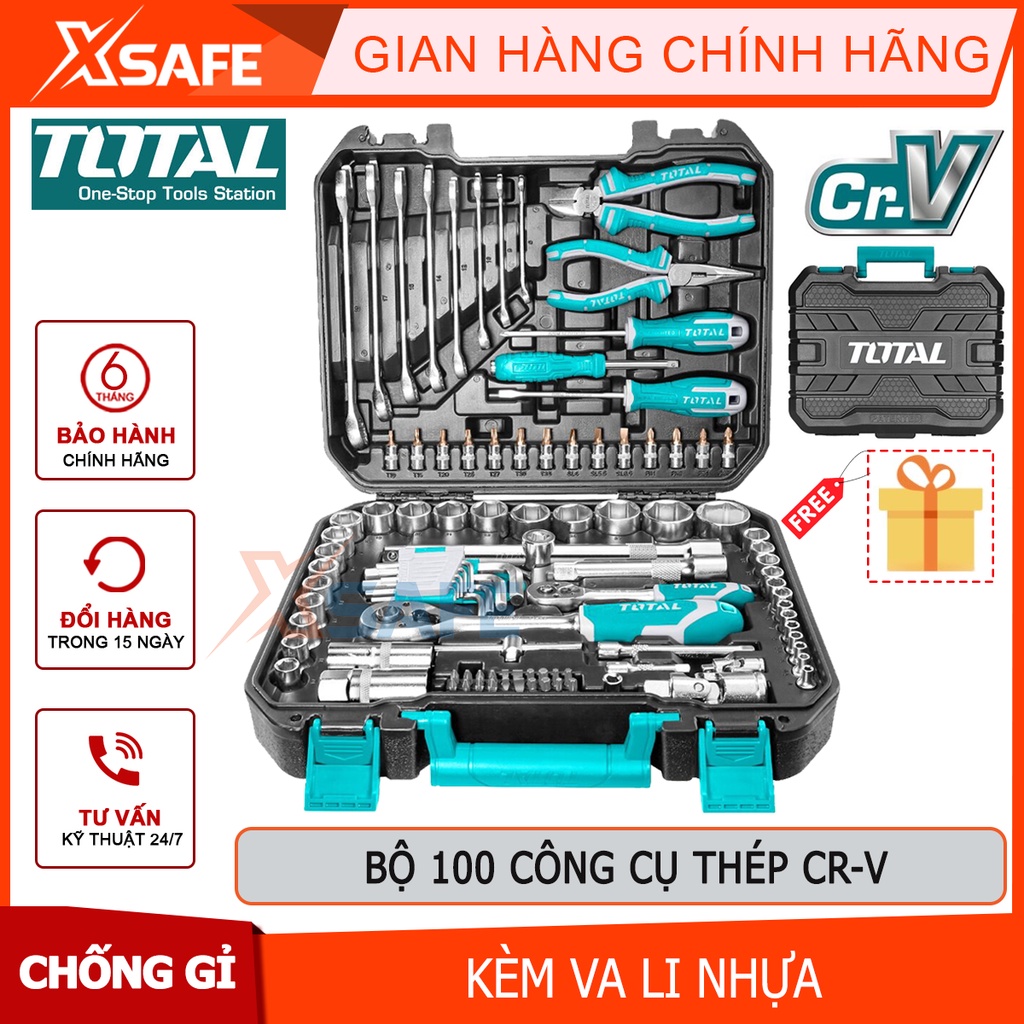 Bộ dụng cụ sửa chữa đa năng 100 món Total THKTHP21006 thép Cr-V siêu cứng, chống gỉ sửa xe máy, cờ lê, mỏ lết, đầu tuýp