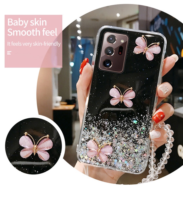 Ốp điện thoại silicon trong suốt họa tiết bướm 3D có dây đeo cho iphone 12 pro max 12mini 11 pro max x xs max xr 7 8+