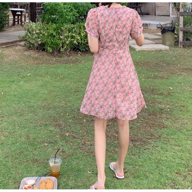 Đầm Tay Phồng Cổ Chữ V In Họa Tiết Trái Cherry Xinh Xắn Dành Cho Nữ 27849