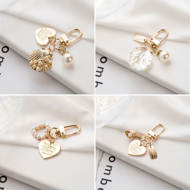 cozy* 4Pcs Love Letter Shell Conch Pearl Metal Golden Keychain Kit Bag Charm Jewelry