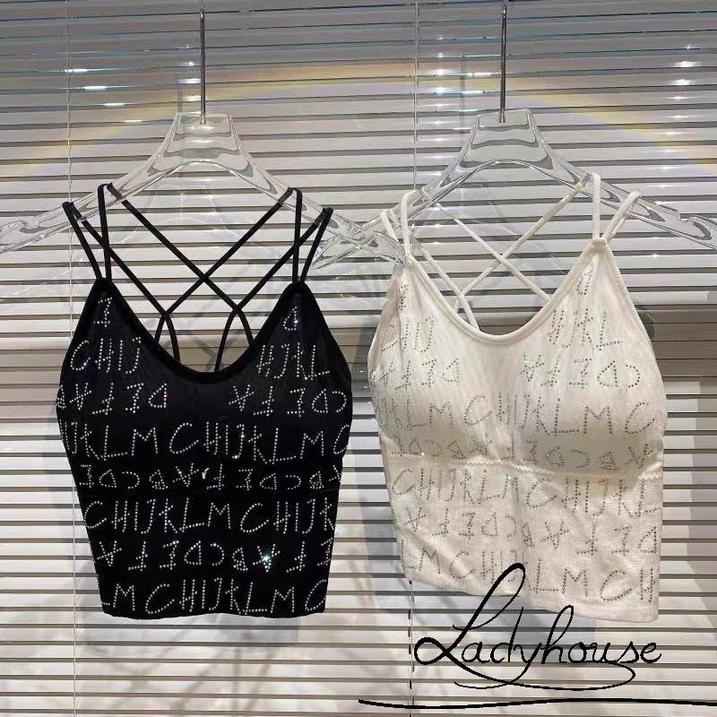 Áo Hai Dây Ôm Dáng In Chữ Đính Đá Có Đệm Ngực Gợi Cảm Cho Nữ