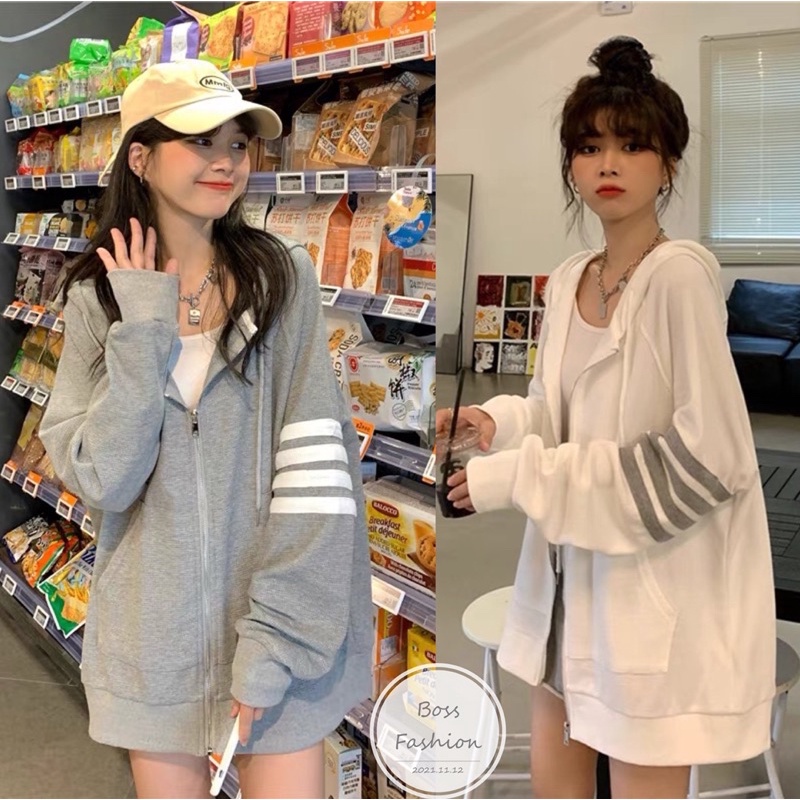 Áo Khoác Cardigan Hoodie Khoá Kéo Mũ Xám Đen Sọc Ngang - Hàng mới về