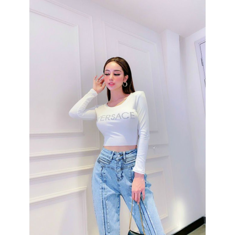 áo thun tay dài đính chữ croptop chất đẹp giá sỉ