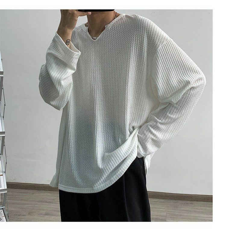 Áo Thun Tay Dài Cổ Chữ V Dáng Rộng Vải Lụa Mát Mỏng Phong Cách Hàn Quốc Trẻ Trung Cho Nam