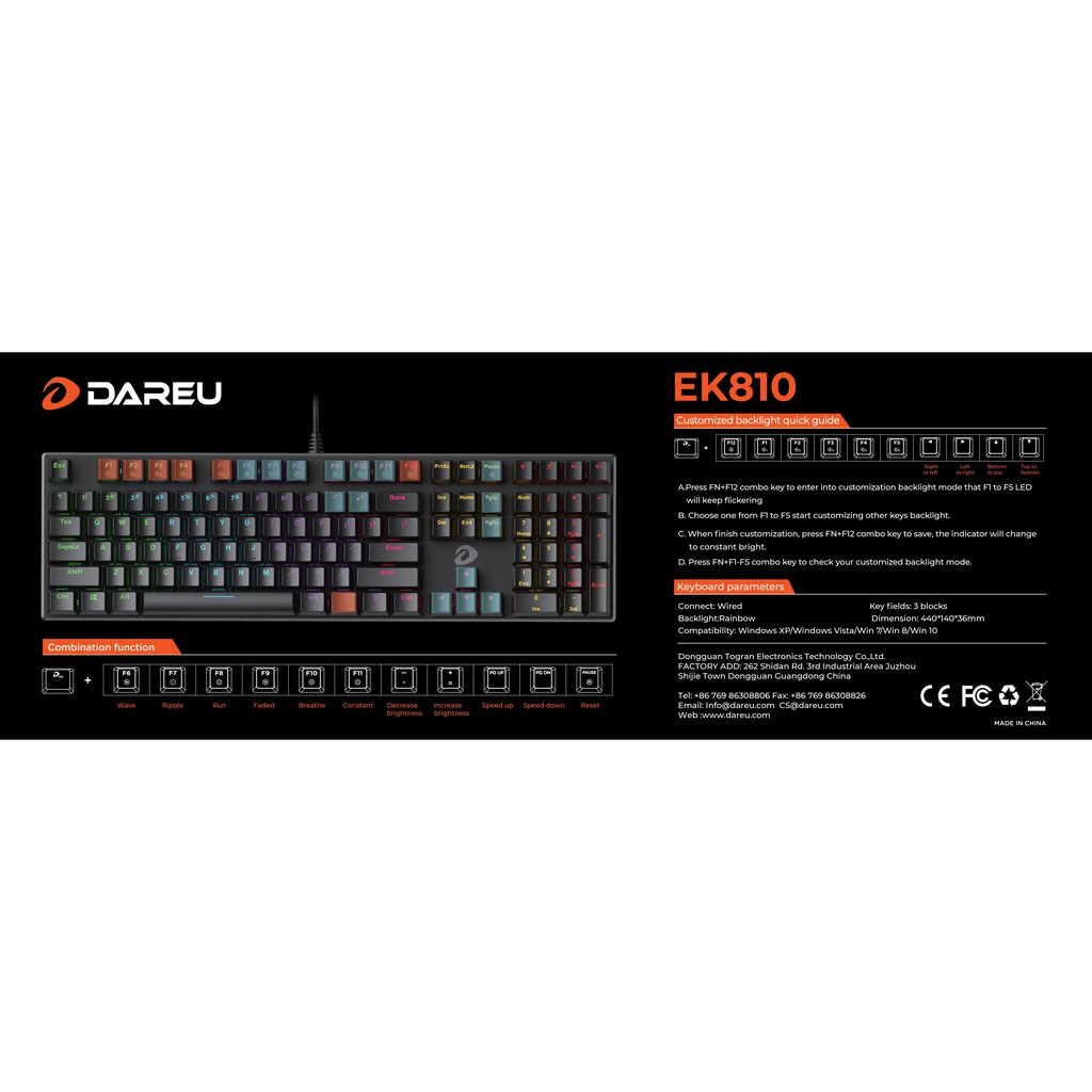 Bàn phím cơ Gaming DAREU EK810 - Black (MULTI-LED, Blue/ Brown/ Red D switch)