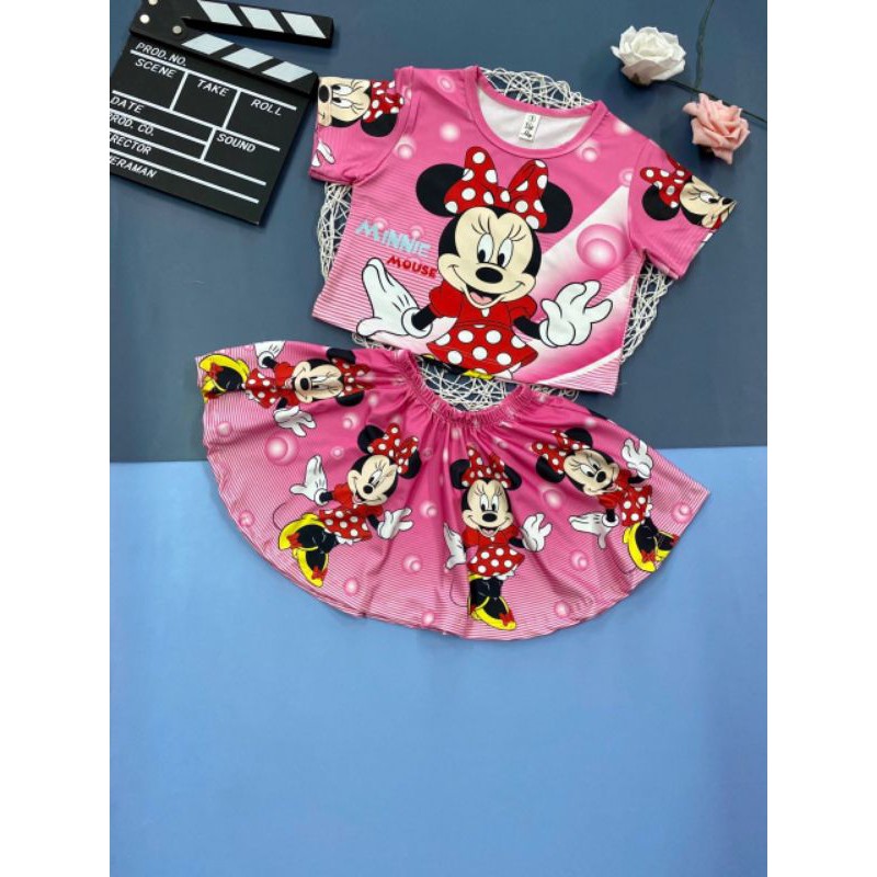 10-25kg Set Bộ Váy Mầm Non Thun Cotton Cao Cấp Loại Một In 3D Chuột Mickey Cho Bé Gái.