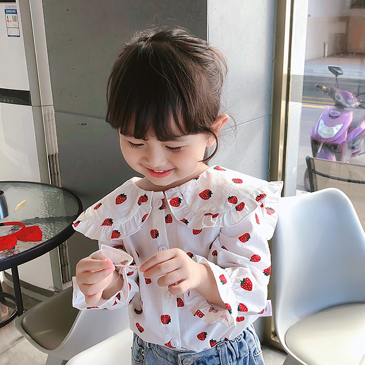 Áo Blouse Bé Gái Tay Dài Hình Quả Dâu Phong Cách Hàn Quốc