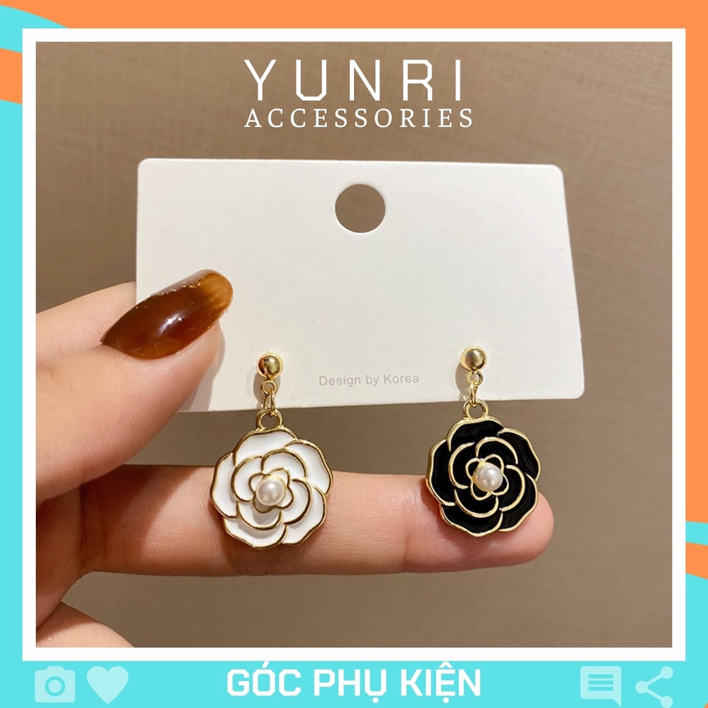 Bông tai khuyên tai nữ đính đá hoa hồng trắng đen viền mạ vàng cá tính phụ kiện trang sức YUNRI ACCESSORIES M103630