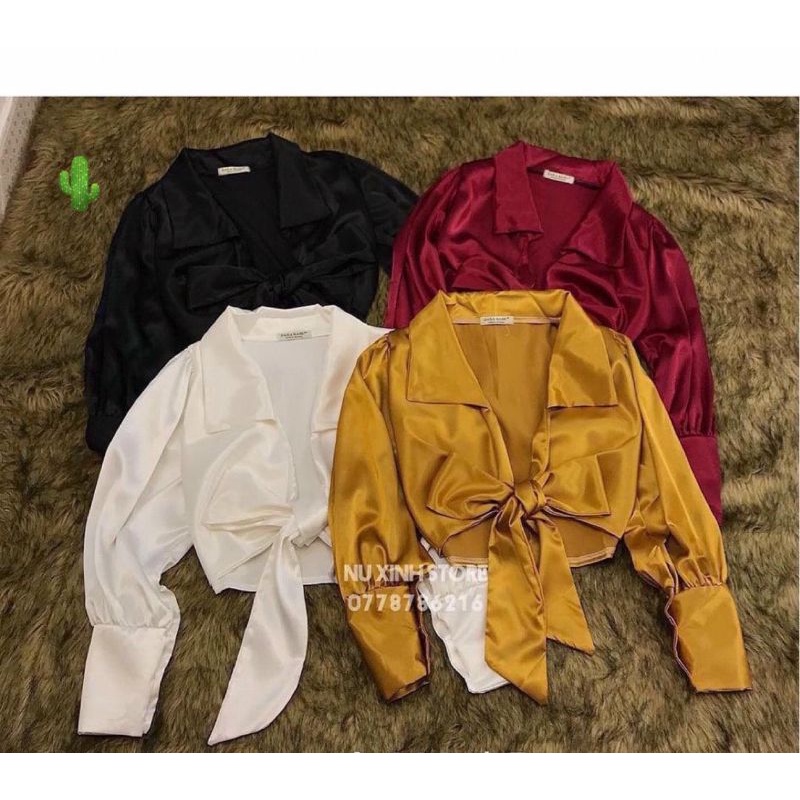 Áo sơ mi phi lụa cổ bẻ cột eo chuẩn dáng( PC)