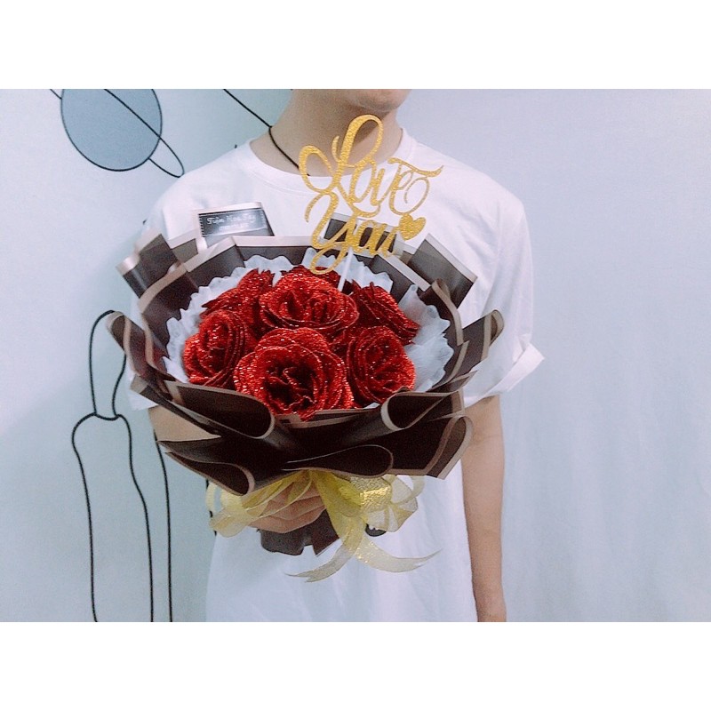 Bó hoa hồng nhũ kim tuyến 7 bông màu đỏ/ hồng nhạt làm quà tặng