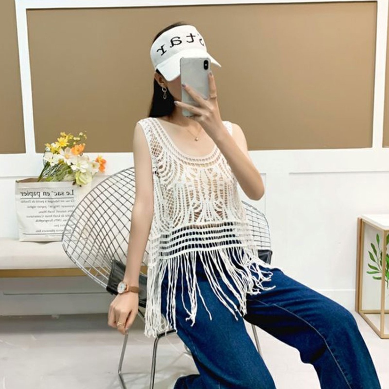 Áo Tank Top Dệt Kim Mỏng Nhẹ Không Tay Phối Tua Rua Thời Trang Mùa Hè Cho Nữ