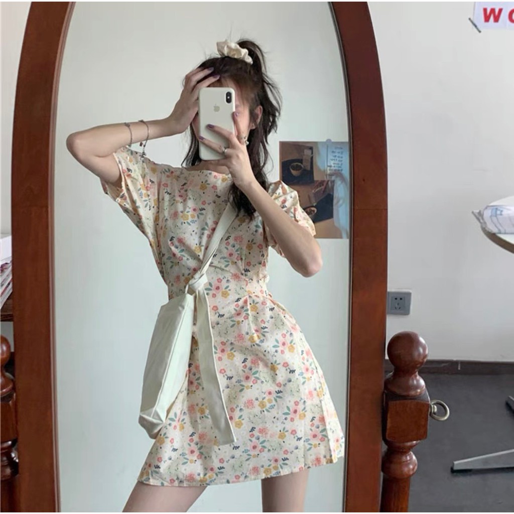 [YLYDRESS] Váy thô hoa nhí tay bồng tiểu thư freesize - váy đầm nữ thiết kế dáng tiểu thư freesize chất thô mát mùa hè