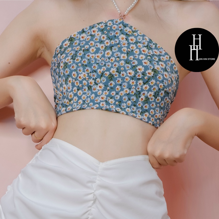 Áo yếm croptop hoa bi xanh dây chuỗi ngọc HAC139 Hỉn Hỉn Store