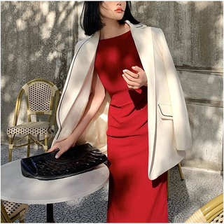 Áo vest blazer dáng suông nữ dài tay 2 lớp QUYNH Design màu trắng phối đen có đệm vai, túi thật