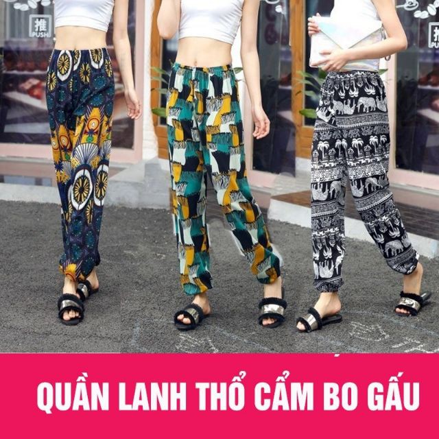 Freeship - Quần lanh dài bo gấu họa tết thổ cẩm - giao họa tiết ngẫu nhiên