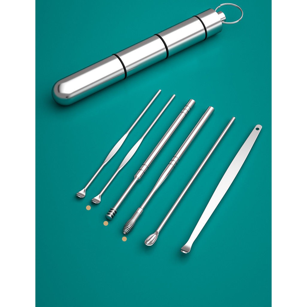 Bộ 6 Dụng Cụ Vệ Sinh Tai Ngoáy Tai Cao Cấp Hộp Trụ Thép Không Gỉ Cho Gia Đình - Dumi Shop