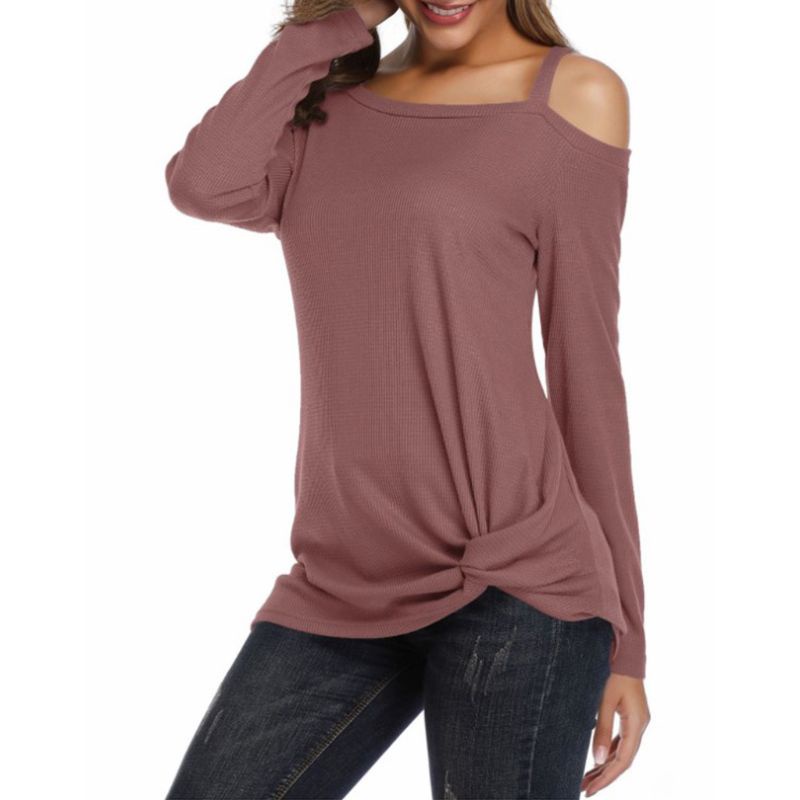Xixi Áo Thun Tay Dài Dáng Rộng Hở Vai Màu Trơn Thắt Nút Phía Trước Size S-2Xl Cho Nữ