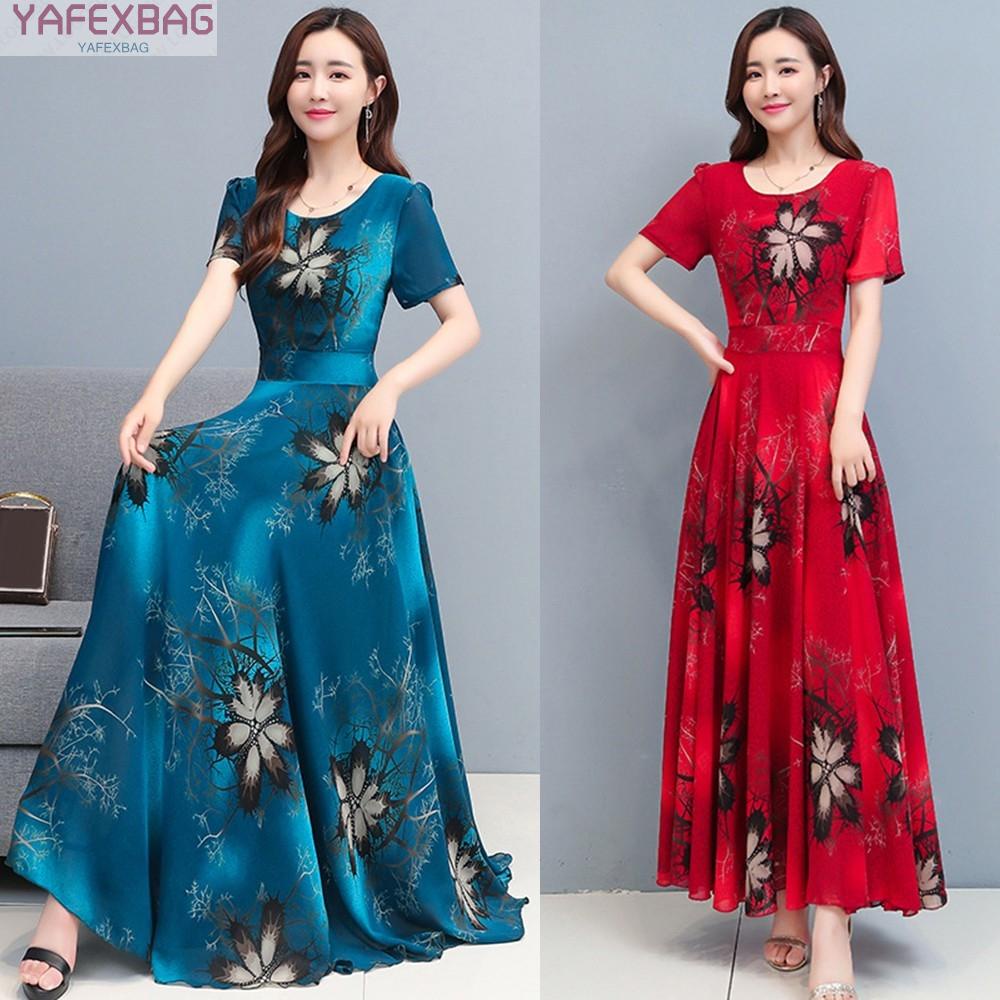 Women Elegant Beautiful Casual Dress Floral Pattern Round Neck Thin Short-sleeve A-line Long Dress Plus Size
