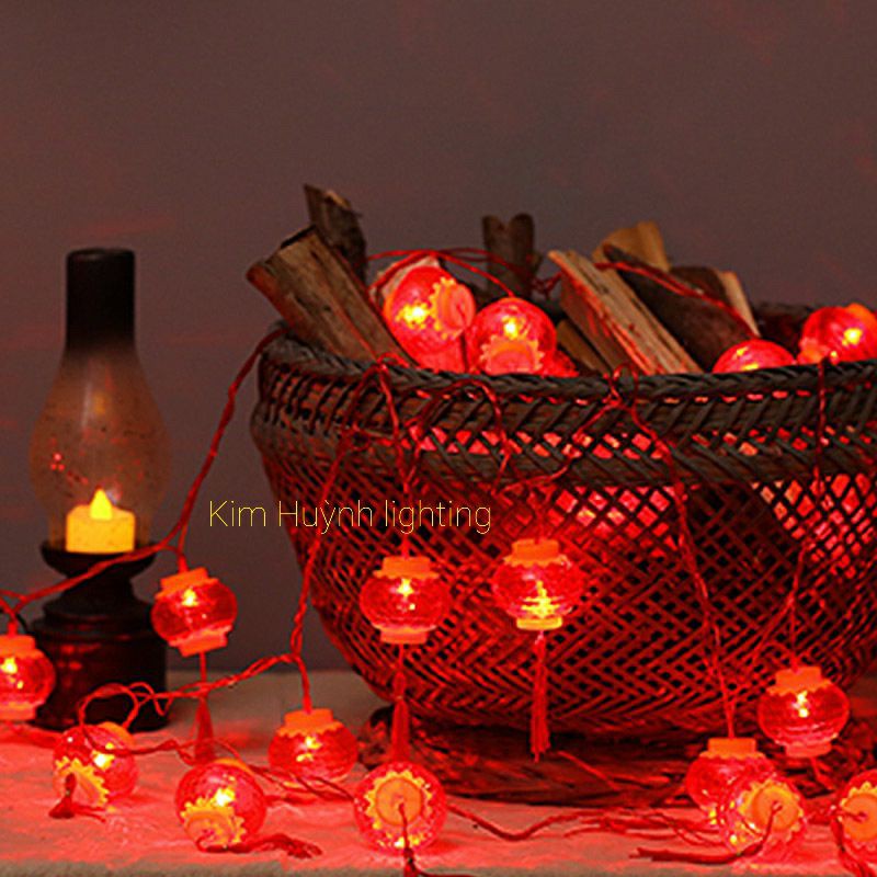 Dây đèn led lồng đèn pha lê, dây đồng tiền đỏ trang trí lễ Tết