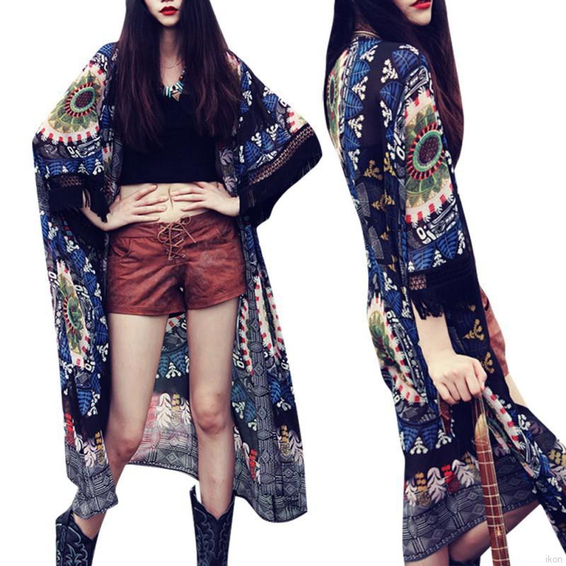 Áo khoác maxi dài chất vải chiffon phối hình in phong cách Boho thời trang cho nữ