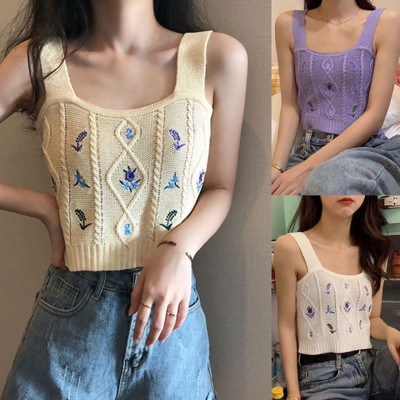 Áo Croptop Dệt Kim Thêu Hoa Phong Cách Boho Thời Trang Mùa Hè Cho Nữ