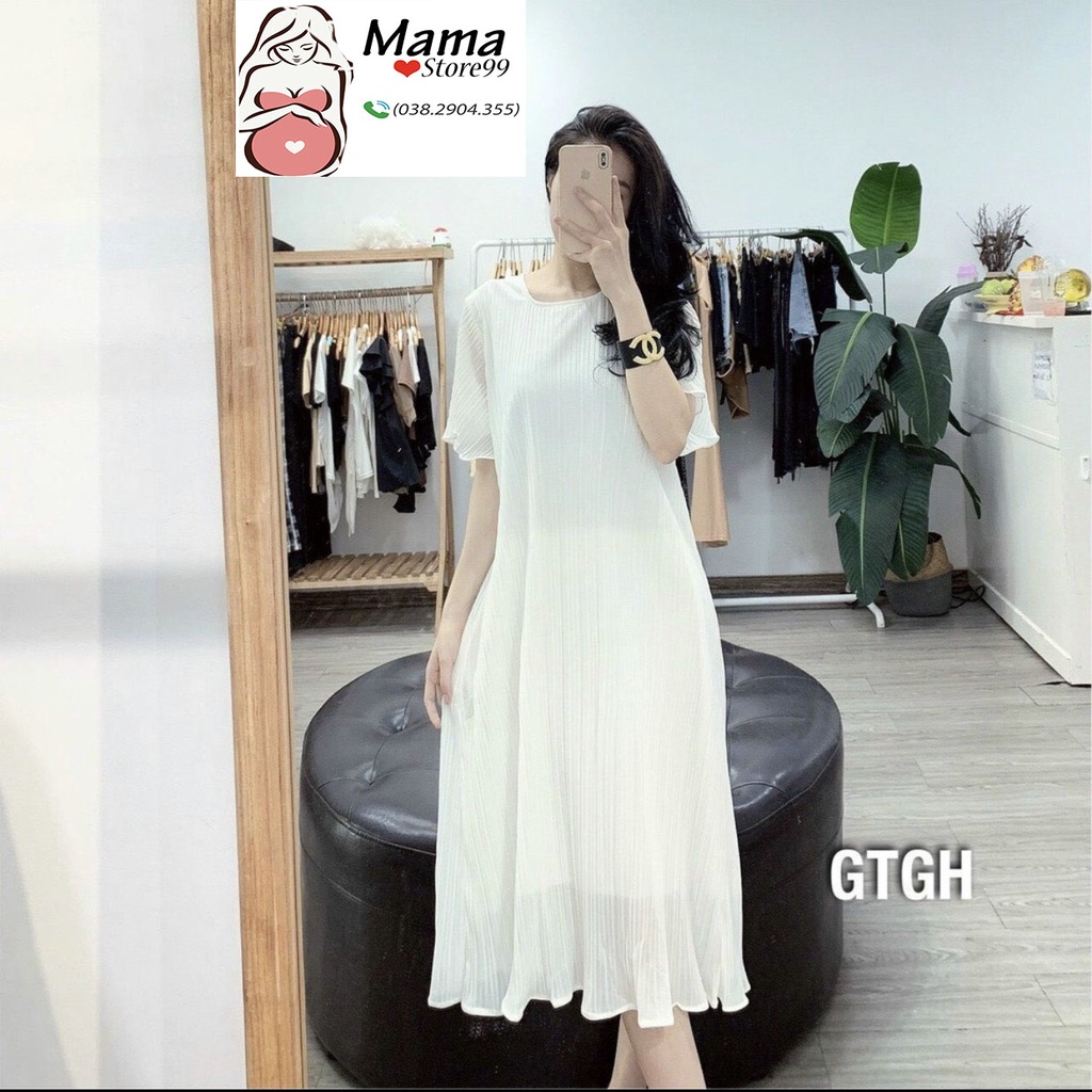 Váy Bầu Suông Xếp Ly,Đầm Bầu Công Sở Đi Chơi Dự Tiệc,Chất Voan Lụa 2 Lớp Cộc Tay V0051 Mama Store99