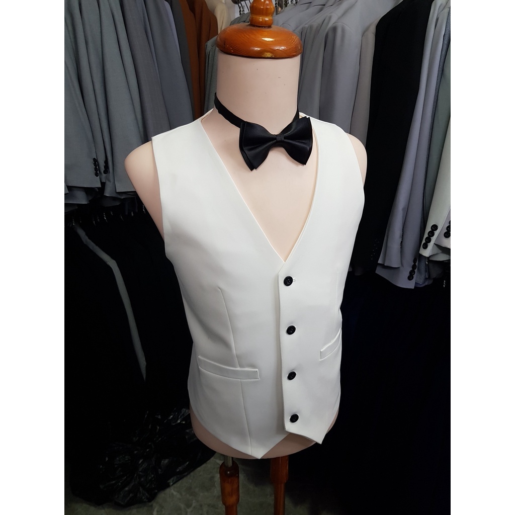 Áo gile nam form ôm body màu trắng tặng nơ đen