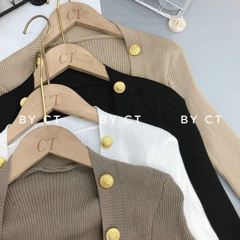 Áo len tăm dài tay đính cúc vai sang chảnh, Chất len co giãn, dáng ôm body, áo len cổ vuông | BigBuy360 - bigbuy360.vn
