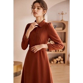 Đầm cam đất cổ sơ mi xòe tay đài kèm đai eo